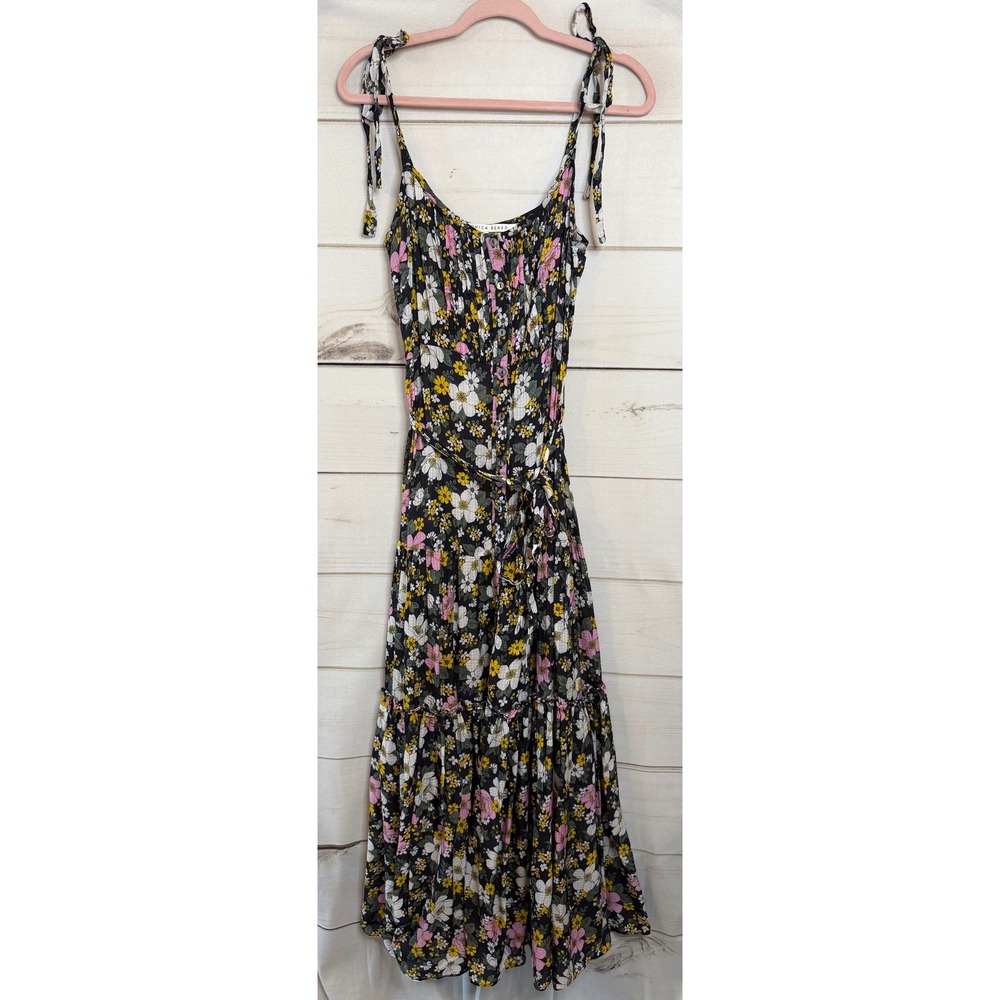 Veronica Beard Black Floral Midi Dress with Pink & Yellow Flowers